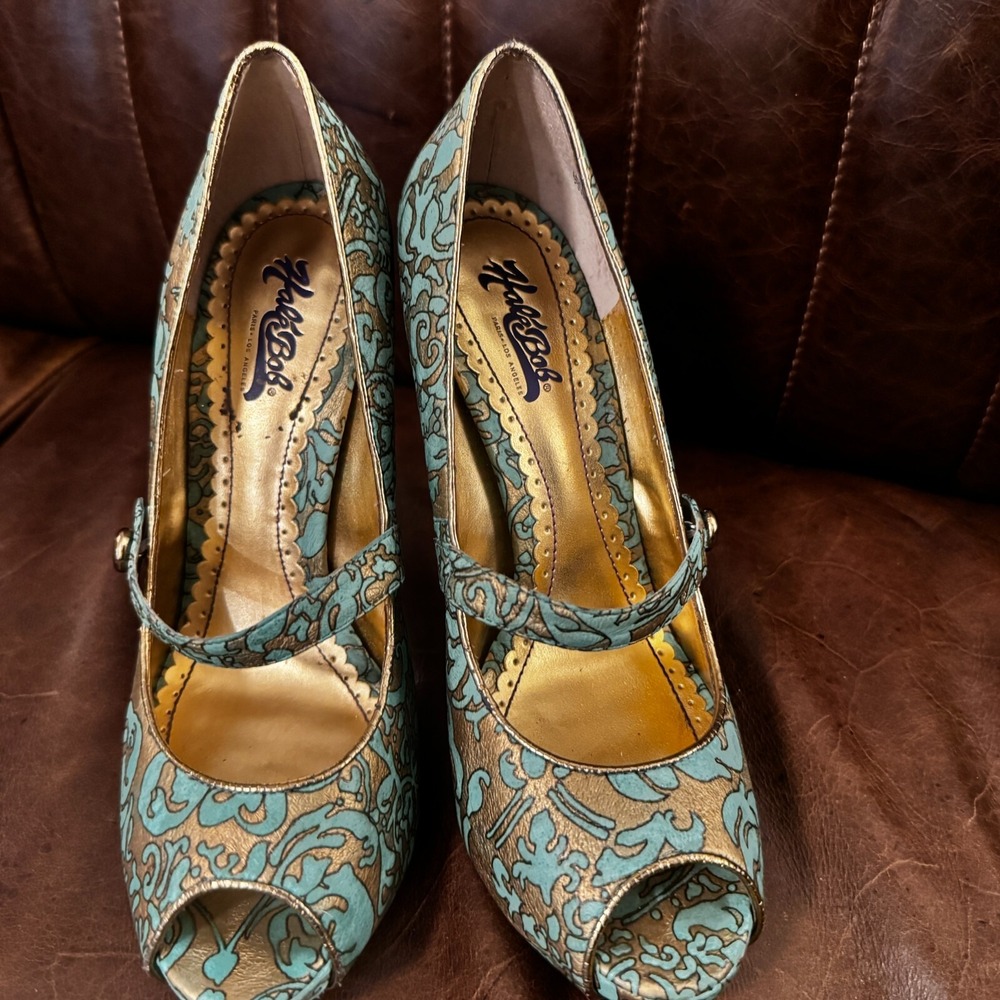 Hale Bob Turquoise Gold Peep Toe Pumps Mary Jane High Heels Statement‎ Shoes 7.5